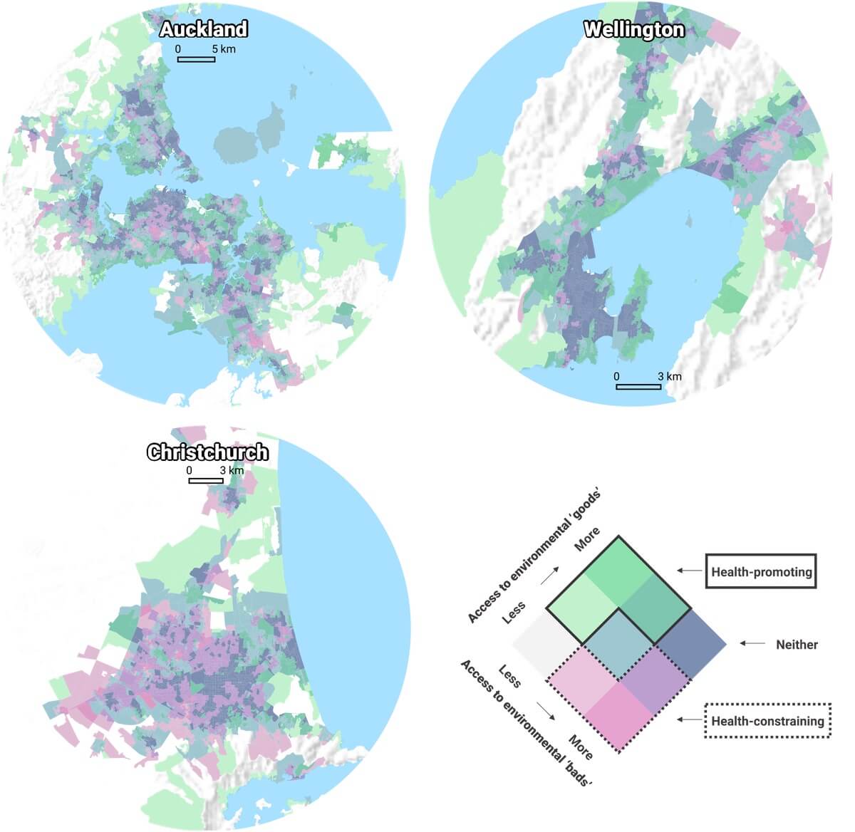 На карте показаны городские регионы Новой Зеландии. Чем зеленее участок, тем лучше в этой области обстоят дела со здоровыми условиями для людей. Фото.