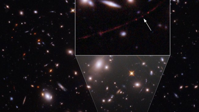 Самая старая звезда. Звезда расположена по стрелке. Фото.