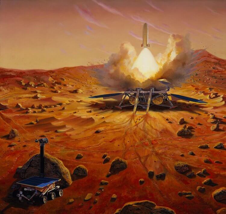 Как NASA отправит образцы Марса на Землю? Отправка образцов марсианского грунта на орбиту в представлении художника. Фото.