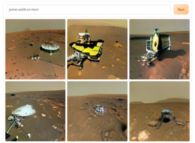 Рисунки, созданные нейросетью. Телескоп Джеймса Уэбба на Марсе. Фото.
