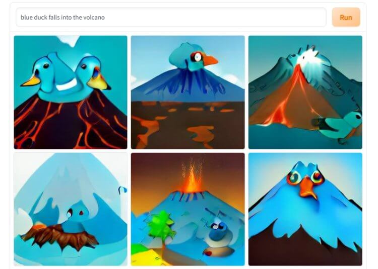 Рисунки, созданные нейросетью. Синяя утка, падающая в вулкан. Фото.
