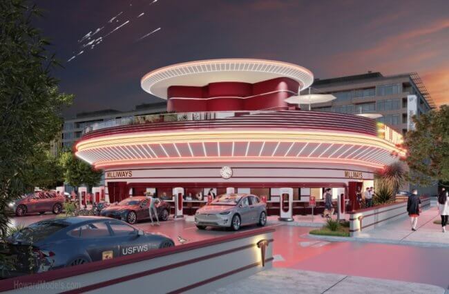 Илон Маск построит закусочную Tesla с кинотеатром. Какой она будет? Фото.
