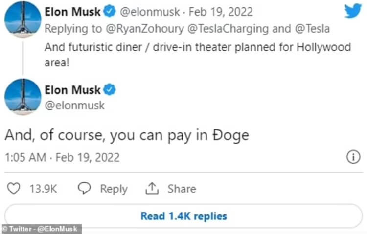 Прием Dogecoin в закусочной Tesla. О приеме Dogecoin сообщил сам Илон Маск. Фото.