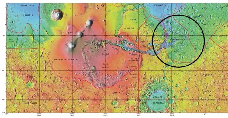 Где возникла жизнь на Марсе? Карта с указанием области Margaritifer Terra. Фото.