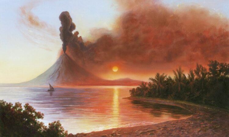Извержение вулкана Тамбора. Извержение вулкана Тамбора в представлении художника. Фото.