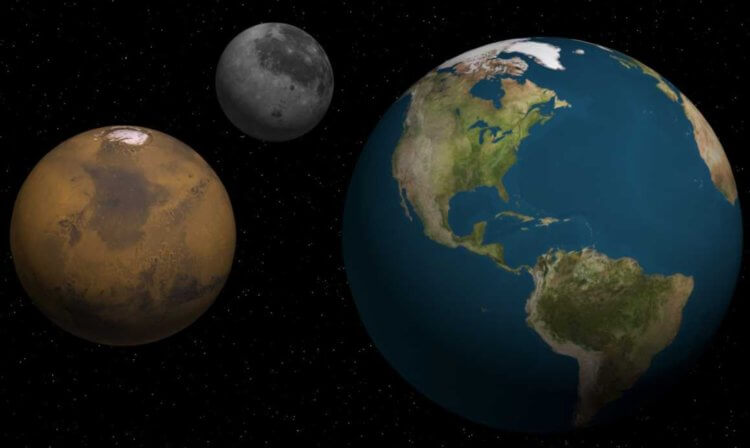 Строительство базы на Марсе и Луне. Когда-нибудь полеты между тремя этими объектами будут занимать меньше времени. Фото.