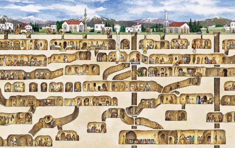 Деринкую — подземный город древности. Примерная карта города Деринкую. Фото.