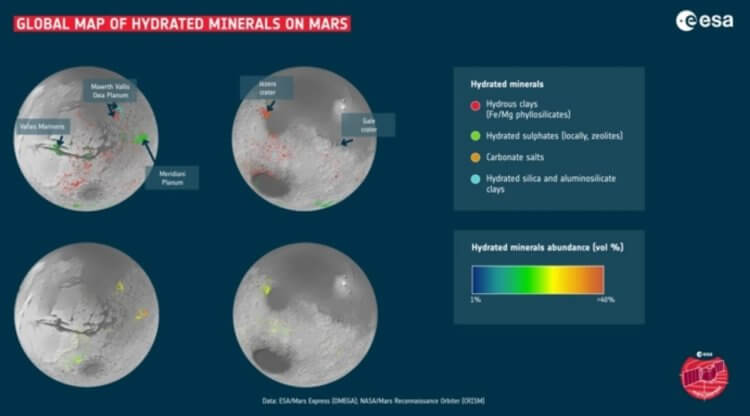 Как менялся Марс в ходе истории. Новая глобальная карта водных минералов Марса. Фото.