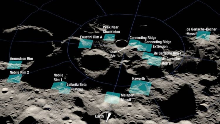 Каким должно быть самое лучшее место на Луне. Все кандидаты на место высадки экипажа «Артемиды» на одном изображении. Фото.