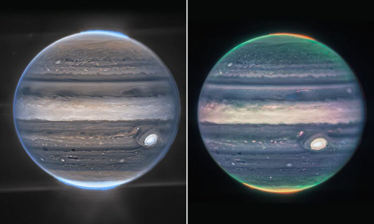 Облака и луны Юпитера. Cоставное изображение Юпитера с помощью NIRCam. Фото.