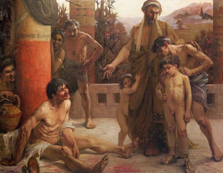 Как жили спартанцы. Спартанец показывает детям пьяницу. Фото.