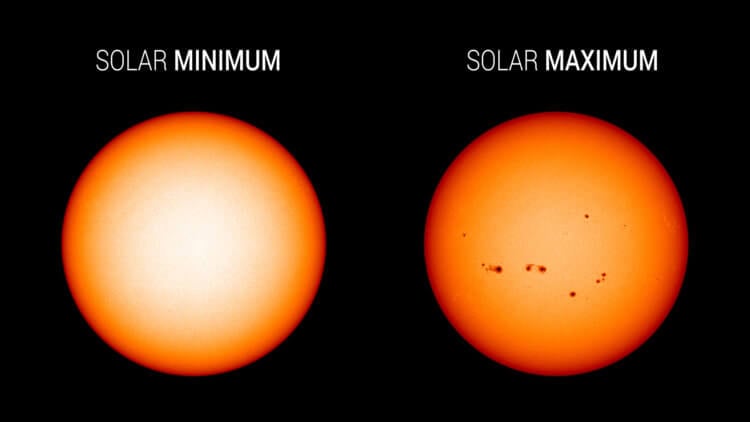 Солнечный цикл. Различия между солнечным минимумом и максимумом выглядят так. Фото.