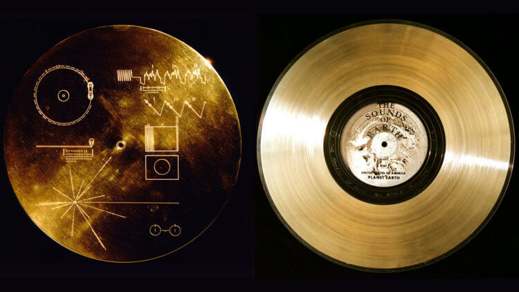 Космические странники. Золота́я пласти́нка «Во́яджера» — позолоченная информационная пластинка с записью звуковых и видеосигналов, упакованная в алюминиевый футляр. Фото.