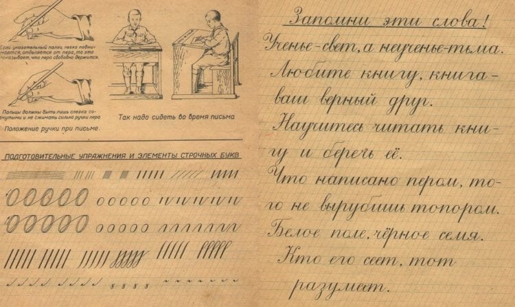 Уроки чистописания в СССР. Для обучения красивому письму использовались прописи. Фото.