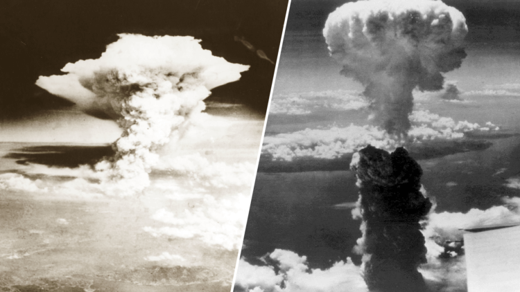 Применение ядерного оружия. США — единственная страна, которая использовала атомную бомбу в войне. «Малыш», мощностью 15 кт, была сброшена на Хиросиму, а вторая – «Толстяк», мощностью 20 кт – на Нагасаки в августе 1945 года. Фото.