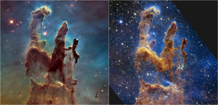 Столпы Творения – сравнение. Столпы Творения в видимом свете космического телескопа Хаббл в 2014 году. Справа — новое инфракрасное изображение, полученное обсерваторией Джеймс Уэбб. Фото.