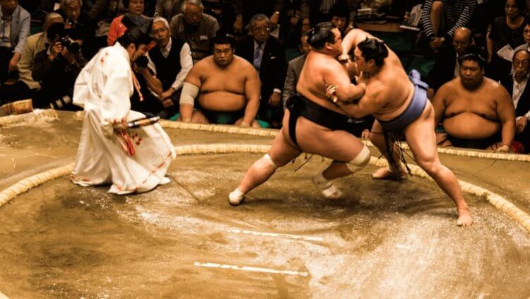 Состояние здоровья сумоистов. Сумоисты иногда падают за пределы арены и травмируют зрителей. Фото.