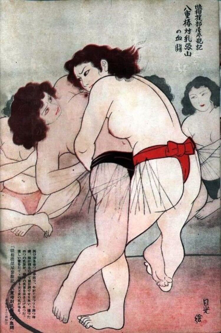 В чем смысл борьбы сумо. Согласно историческим документам, раньше сумо могли заниматься даже женщины. Фото.