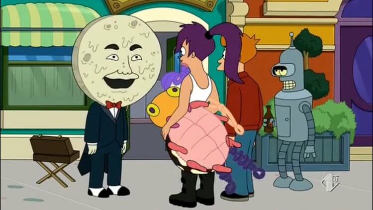 Космическое будущее человечества. Второй эпизод мультсериала «Футурама» (первый сезон) герои отправляются на Луну, чтобы попасть в Луна-парк. Фото.