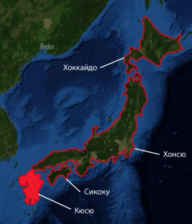 Новые для науки бактерии с уникальным навыком. Расположение японского острова Кюсю. Фото.