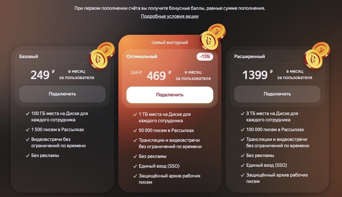 Яндекс 360 для бизнеса — тарифы. Яндекс 360 предлагает 3 тарифа по разным ценам с разными условиями обслуживания. Фото.