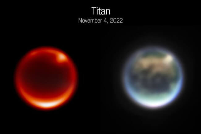 Новые снимки Титана. Снимки Титана камерой NIRCam телескопа Джеймса Уэбба в разном цвете от 4 ноября 2022 г. Слева — фильтр 2,12 микрон для нижних слоев атмосферы. Справа — составное изображение четырех инфракрасных фильтров. Фото: NASA/ESA/CSA/STScI. Фото.