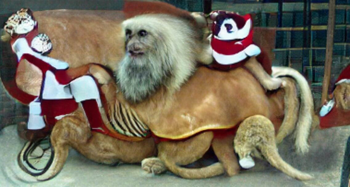 Сервис Pixray — конструктор из нескольких нейросетей. «Обезьяна в костюме Санта Клауса верхом на льве». Фото.