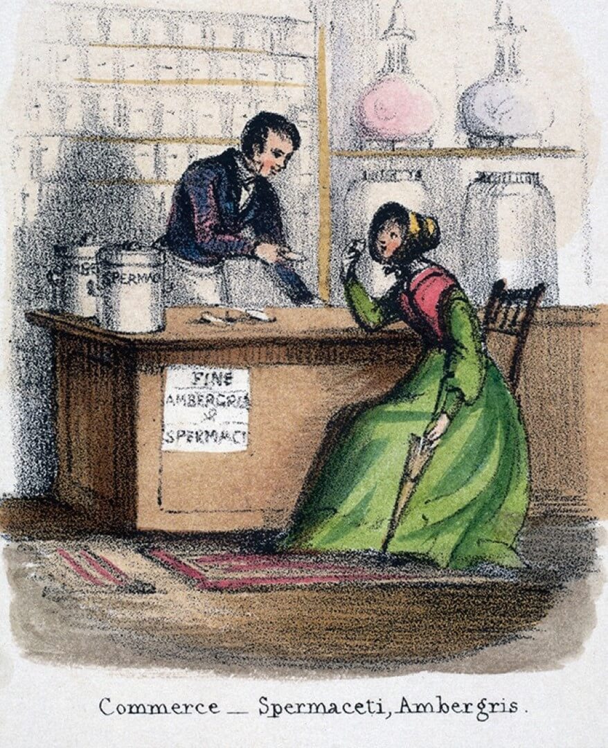 Польза амбры кашалота. Иллюстрация 1845 года под авторством Бенджамина Хокинса, на которой женщина покупает духи с амброй. Фото.