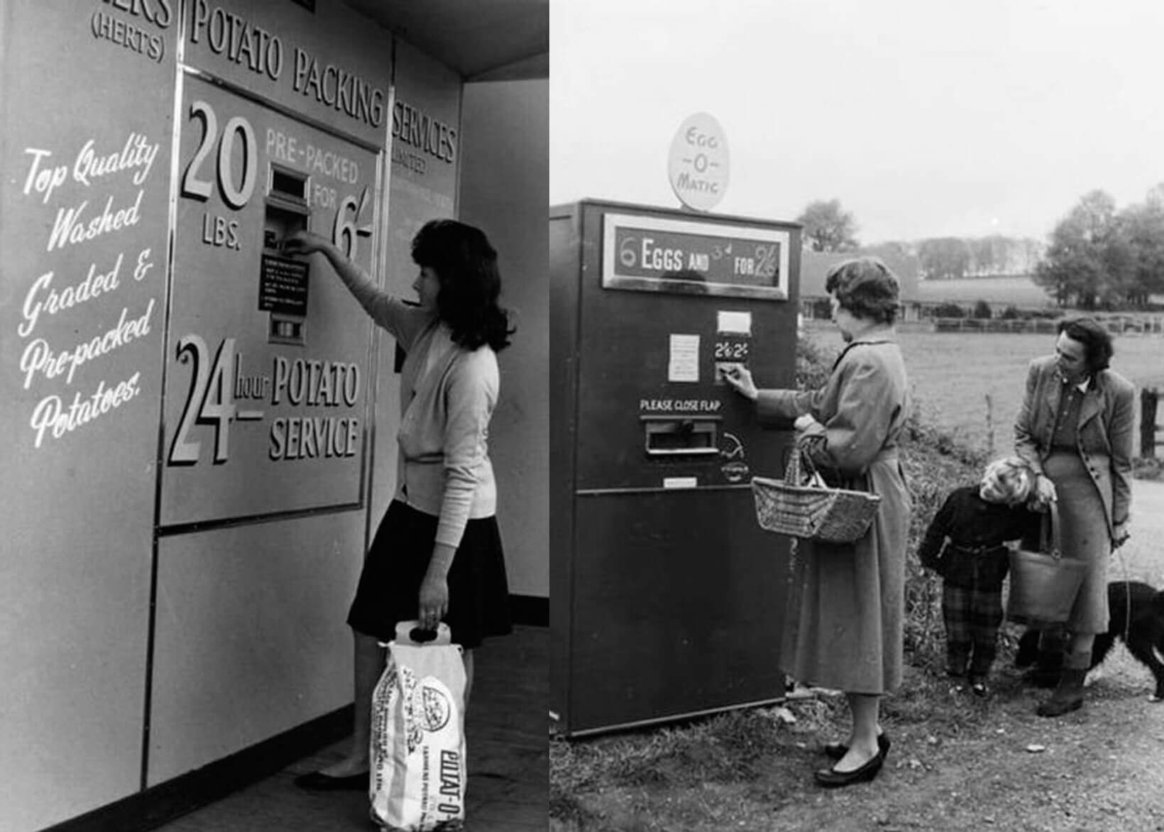 Когда в СССР появились торговые автоматы. Аппараты для продажи картофеля и куриных яиц. Фото.