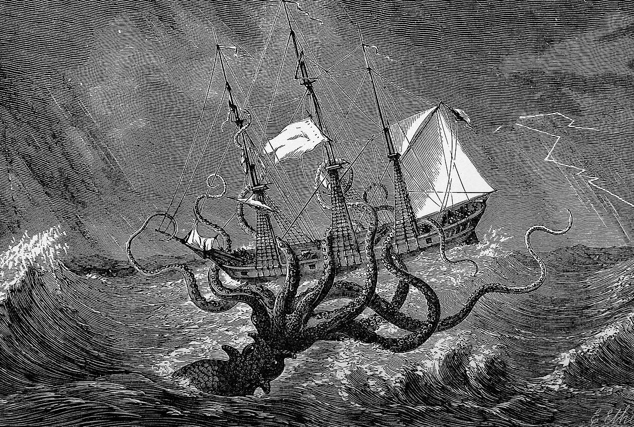Происхождение легенд о морских чудовищах. Гигантский кальмар атакует корабль в гравюре 1887 года. Фото.