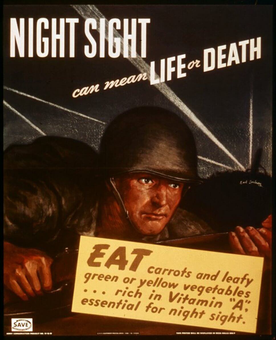 Морковь улучшает зрение. Военный плакат о пользе моркови для зрения. Фото.