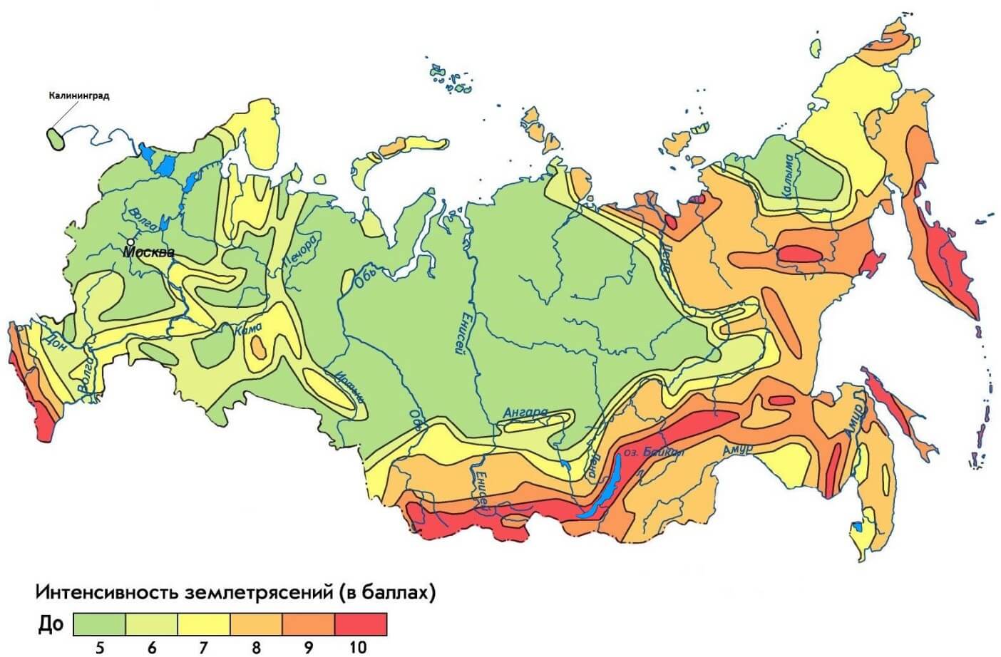 Землетрясения в России — где они происходят чаще? Карта сейсмической активности России. Зеленый цвет означает малую активность, а красная — высокую. Фото.