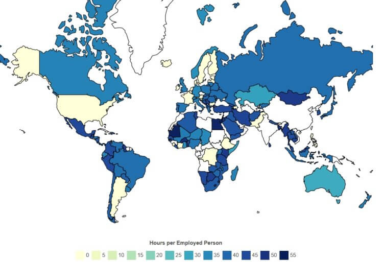 Сколько длится работа в других странах. Чем темнее цвет, тем дольше работают люди. Источник: World Population Review. Фото.