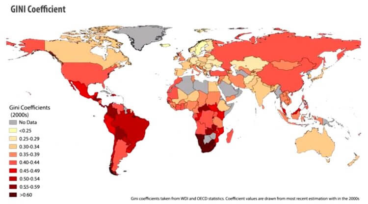 Экономическое неравенство в 2023 году. Коэффициент Джини по странам за 2020 год. Источник: Jeffrey Sachs. www.coursera.org/learn/sustainable-development. Фото.