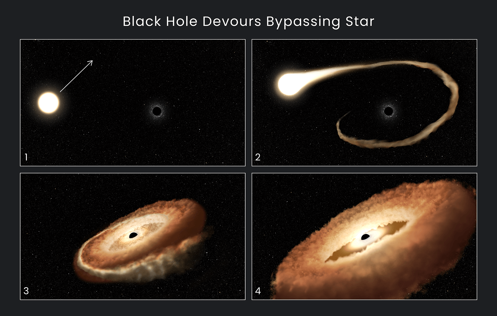 Черные дыры и компьютерные модели. Перед вами процесс поглощения звезды черной дырой. Фото.