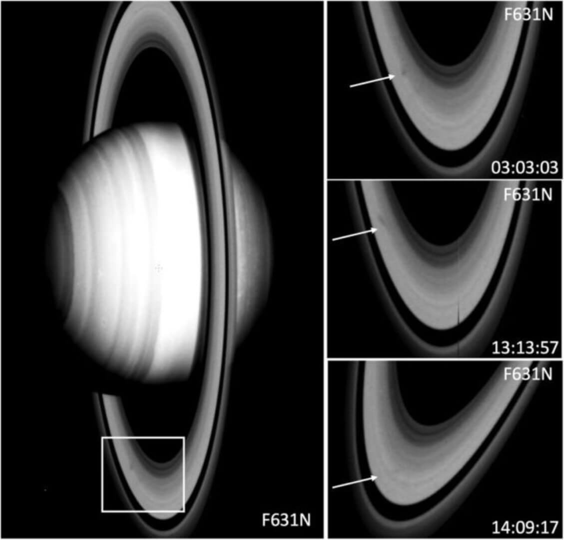 Загадочные пятна на кольцах Сатурна. Пятна на кольцах Сатурна, сфотографированные телескопом «Хаббл» в сентябре 2022 года. Фото.