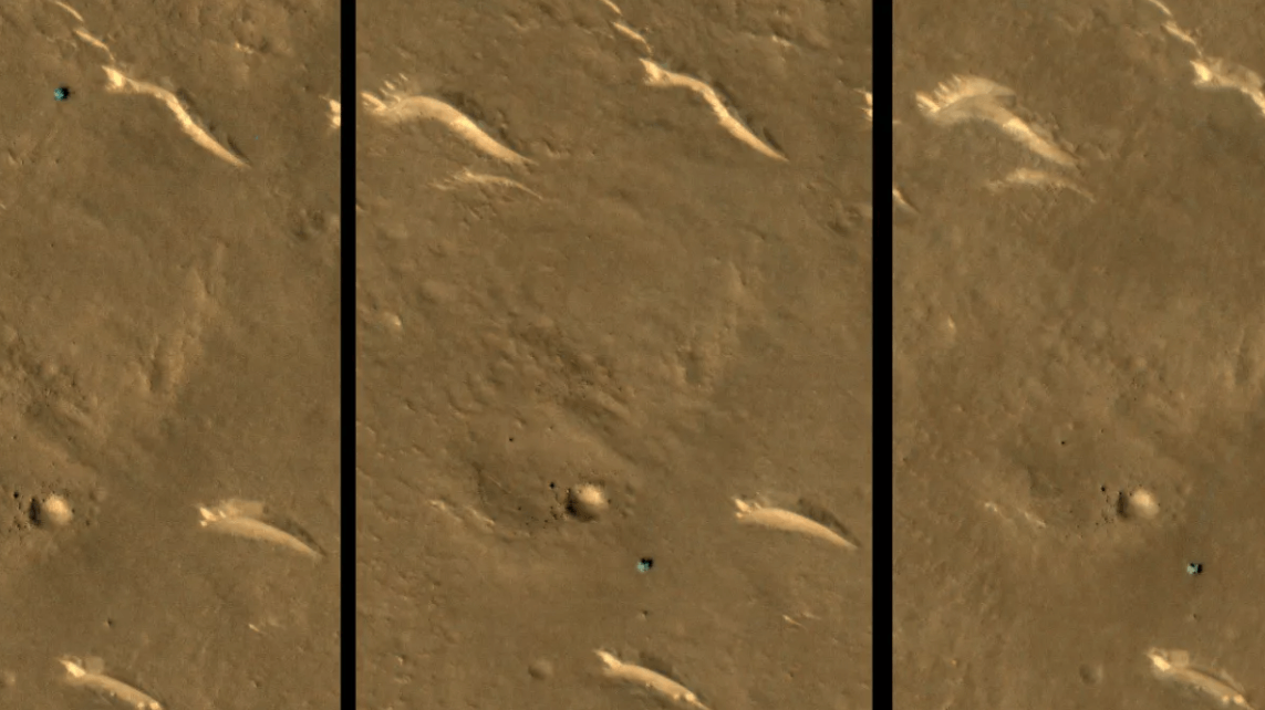 Китайский марсоход Чжужун вышел из строя? Фотографии НАСА говорят о том, что китайский марсоход неподвижен с сентября 2022 года. На фото он виден в виде голубой точки (вверху слева на первом фото, и внизу справа на остальных двух снимках). Фото.