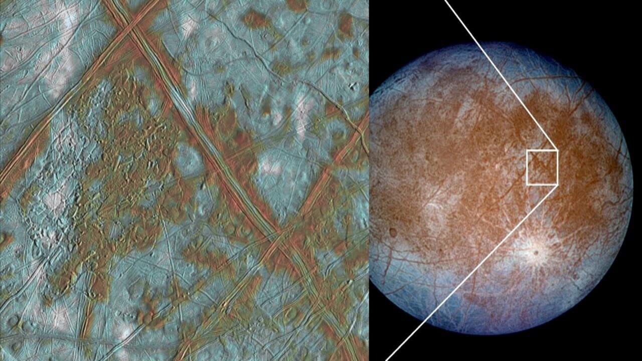 Почему под льдами на спутнике Европа возникают течения. Трещины на поверхности Европы возникают из-за сильного гравитационного воздействия Юпитера. Фото.