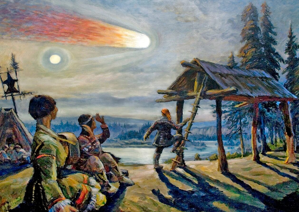 Последствия падения астероида 2023 DW. Падение Тунгусского метеорита в представлении художника. Фото.