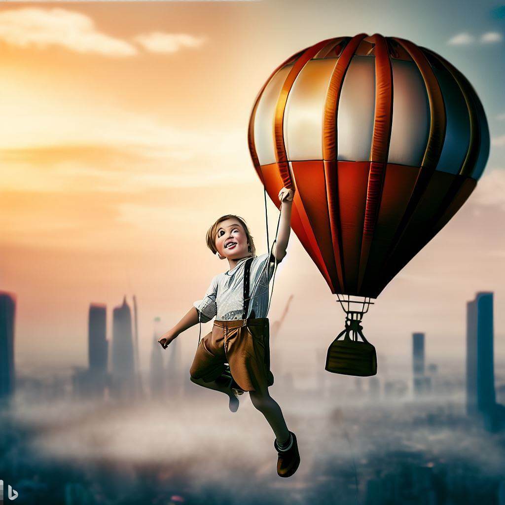 Нейросеть Bing рисует по словам. «Мальчик летит на воздушном шаре на фоне небоскребов». Фото.