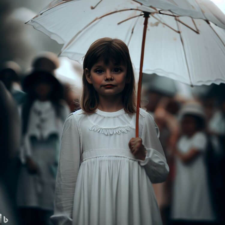 Нейросеть Bing рисует по словам. «Девочка в белом платье с зонтиком в руках посреди толпы». Фото.