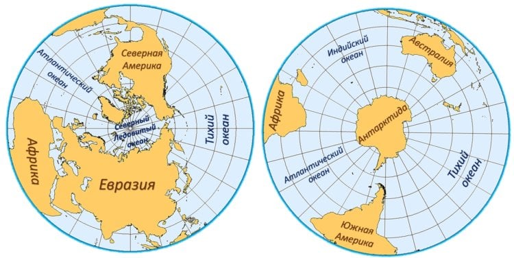 Отличие северного и южного полушария Земли. Северное (слева) и южное (справа) полушарие Земли. На изображении видно, что на Южном полушарии гораздо меньше суши. Фото.