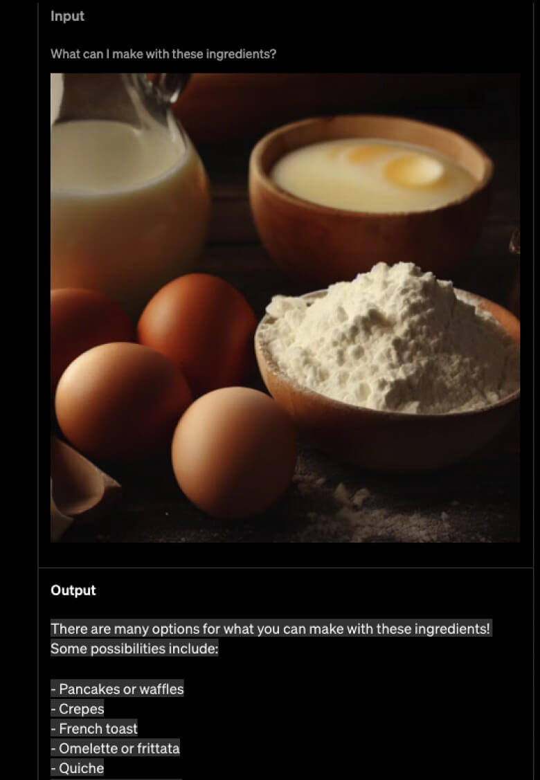 ChatGPT дает рецепты блюд исходя из продуктов в холодильнике. GPT-4 составил список блюд, который можно приготовить из муки, яиц и молока. Фото.