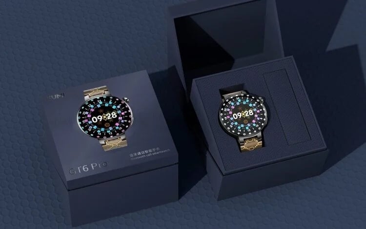Красивые смарт-часы KUMI GT6 Pro. Часы поставляются в красивой упаковке из плотного картона. Фото.
