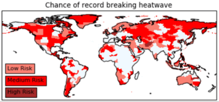 В каких странах лето будет самым жарким. На карте показаны регионы, которые подвержены наибольшему риску повышения температуры до аномально высоких значений. Фото.