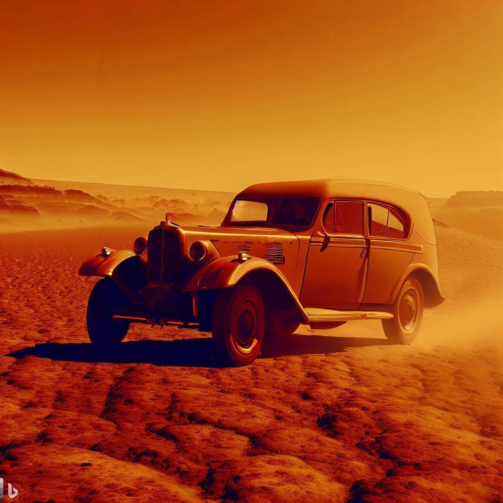 Нейросеть Bing, рисующая картинки по словам. Старинный автомобиль едет по пустыне на Марсе по версии нейросети Bing. Фото.
