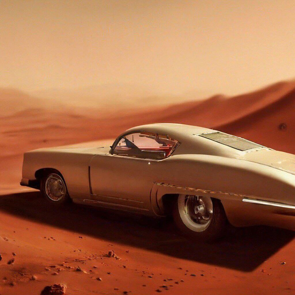 Нейросеть «Шедеврум» от Яндекса. Старинный автомобиль едет по пустыне на Марсе по версии «Шедеврума». Фото.