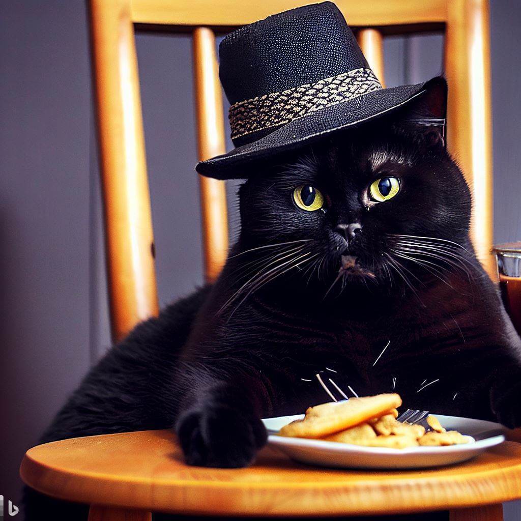 Нейросеть Bing, рисующая картинки по словам. Черный кот сидит в кресле в шляпе и ест блины по версии нейросети Bing. Фото.