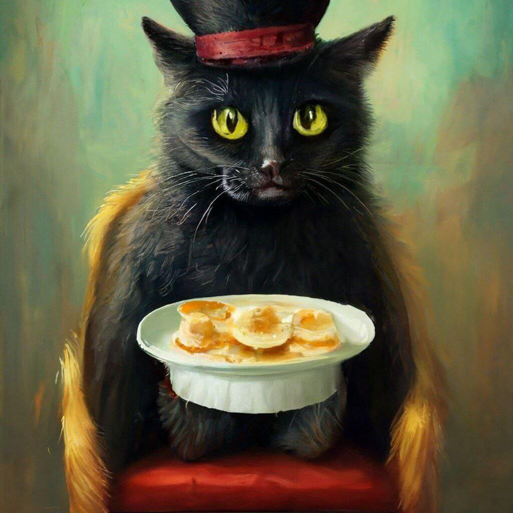 Нейросеть «Шедеврум» от Яндекса. Черный кот сидит в кресле в шляпе и ест блины по версии «Шедеврума». Фото.