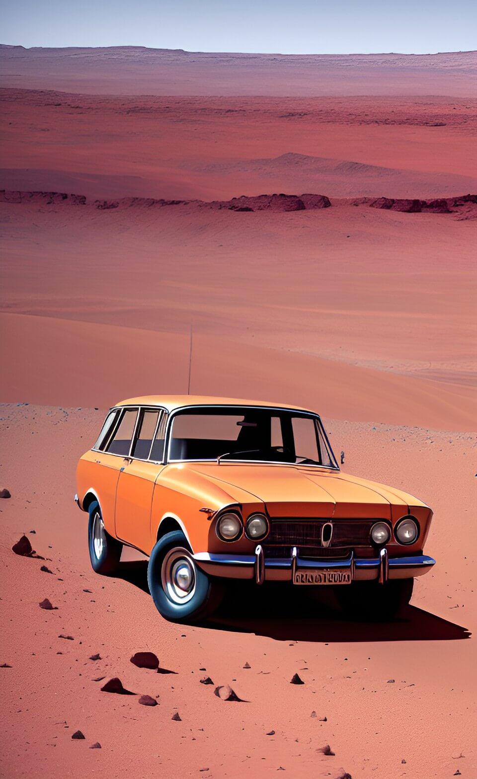 Нейросеть Dream by WOMBO. Старинный автомобиль едет по пустыне на Марсе по версии нейросети Dream. Фото.